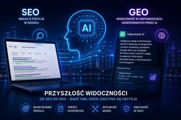 Nowoczesna ilustracja SEO i GEO – sztuczna inteligencja zmienia widoczność firm w internecie